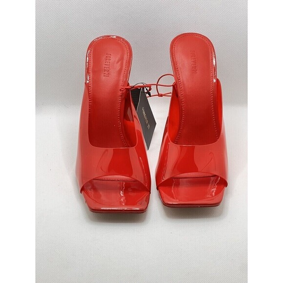 Red Vinyl Spool Heeled Open Square Toe Slides 7.5 Transparent Mules x Forever21 - Picture 2 of 15
